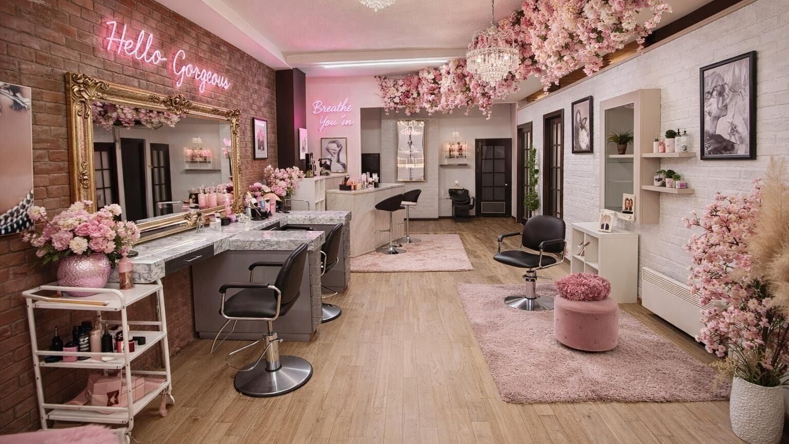 Comptoir d'accueil rose du salon avec l'inscription Hello Gorgeous au mur