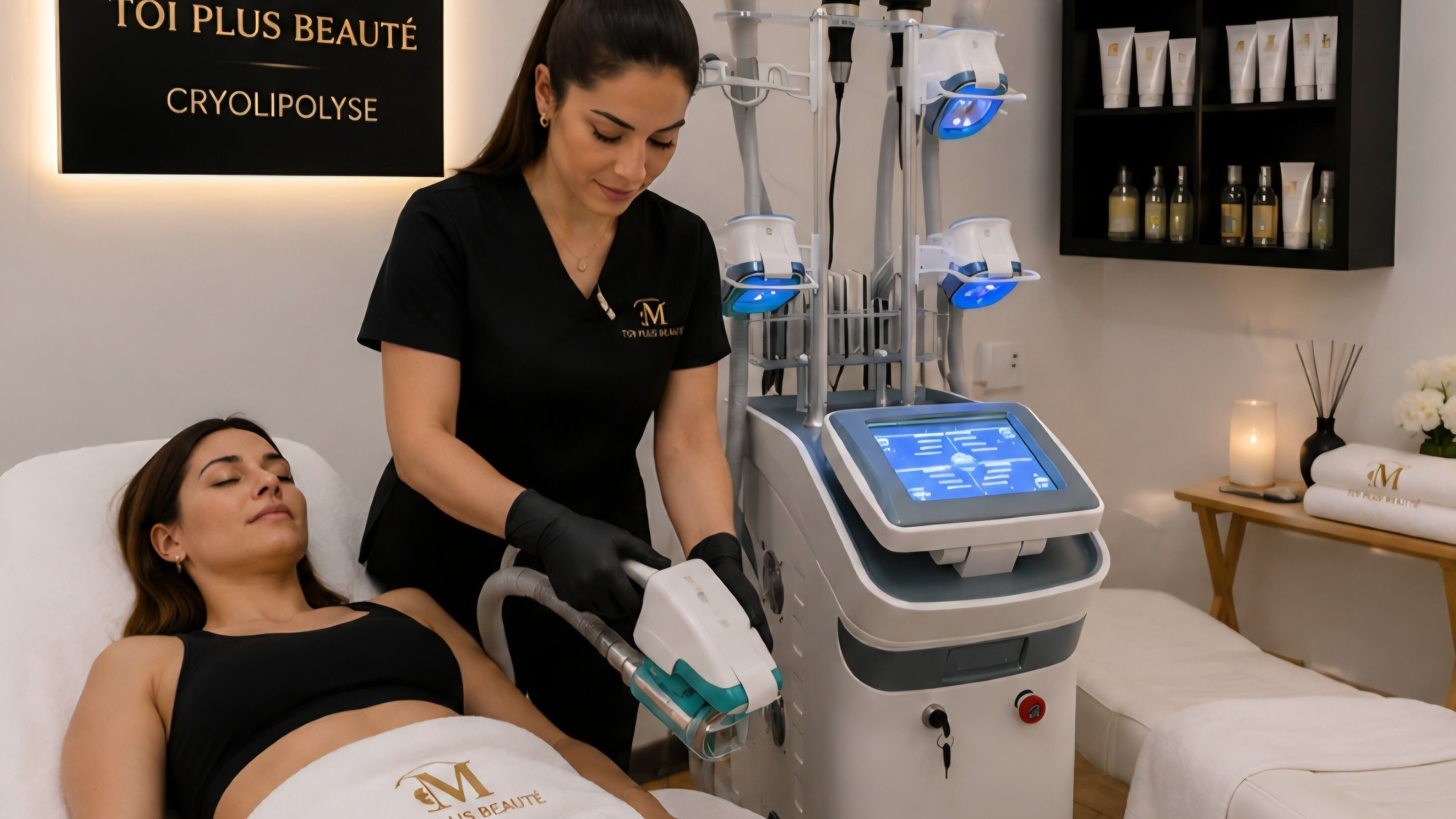 Appareil de cryolipolyse installé sur l'abdomen d'une cliente allongée