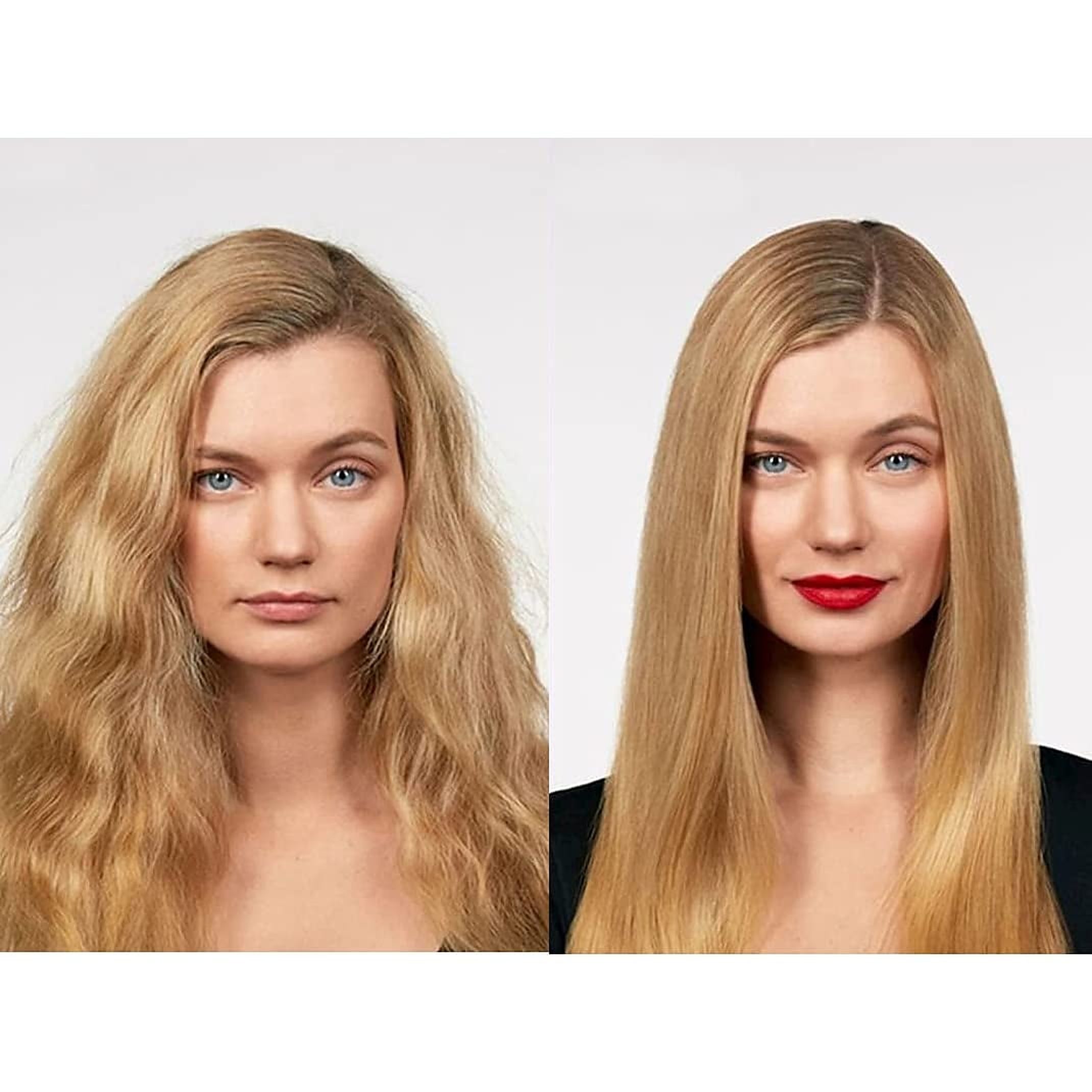 Comparaison avant et après un lissage sur cheveux blonds bouclés devenus lisses