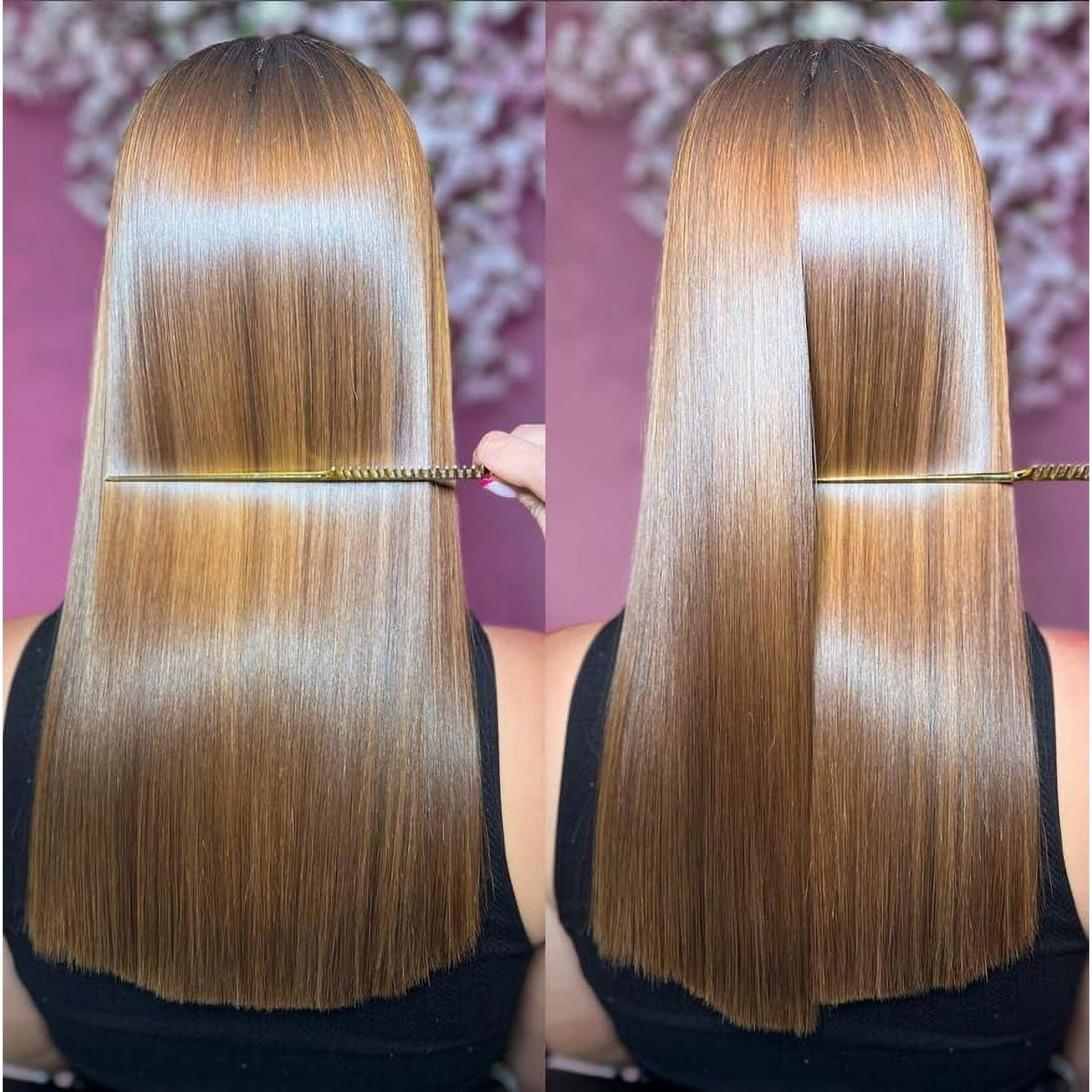 Comparaison avant et après un lissage sur cheveux bruns longs