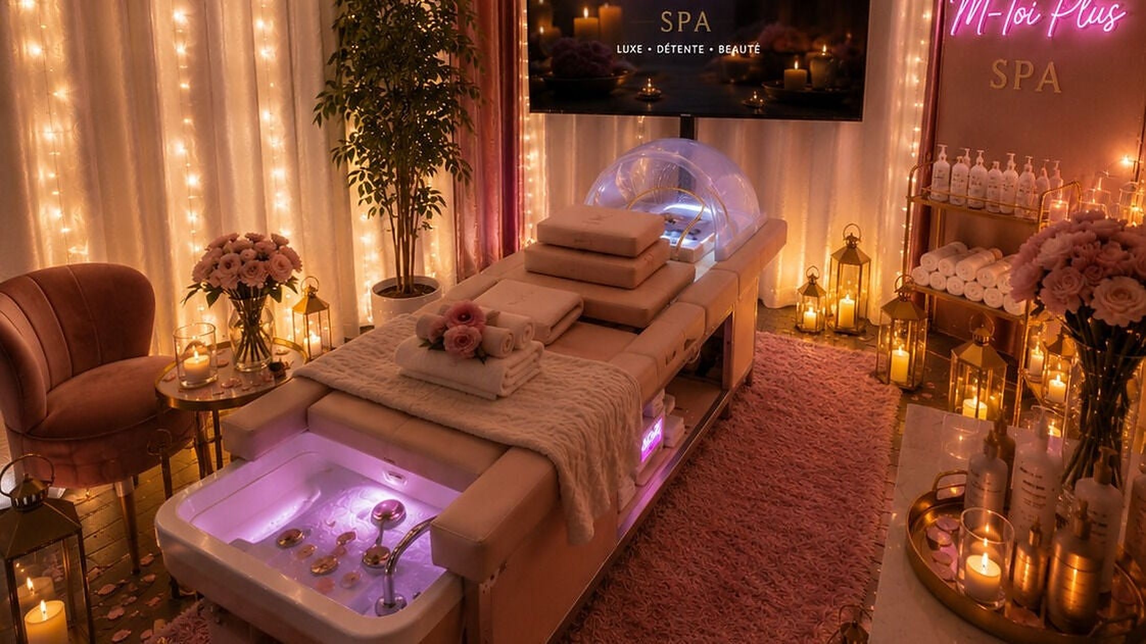 Salle de soins éclairée à la bougie avec table de traitement et enseigne SPA