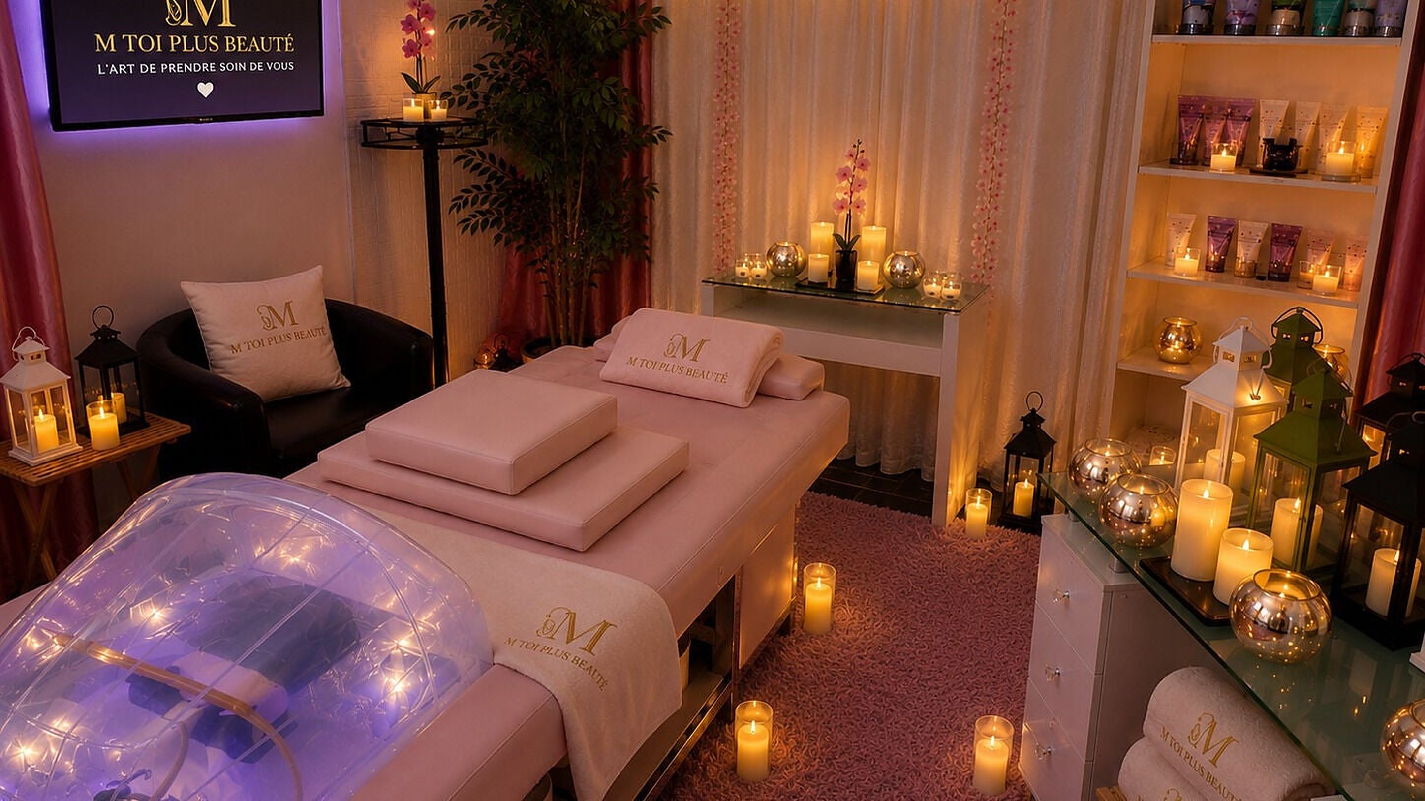 Salle de soins de M-Toi Plus Beauté éclairée à la bougie, avec table de massage et écran affichant le logo du salon